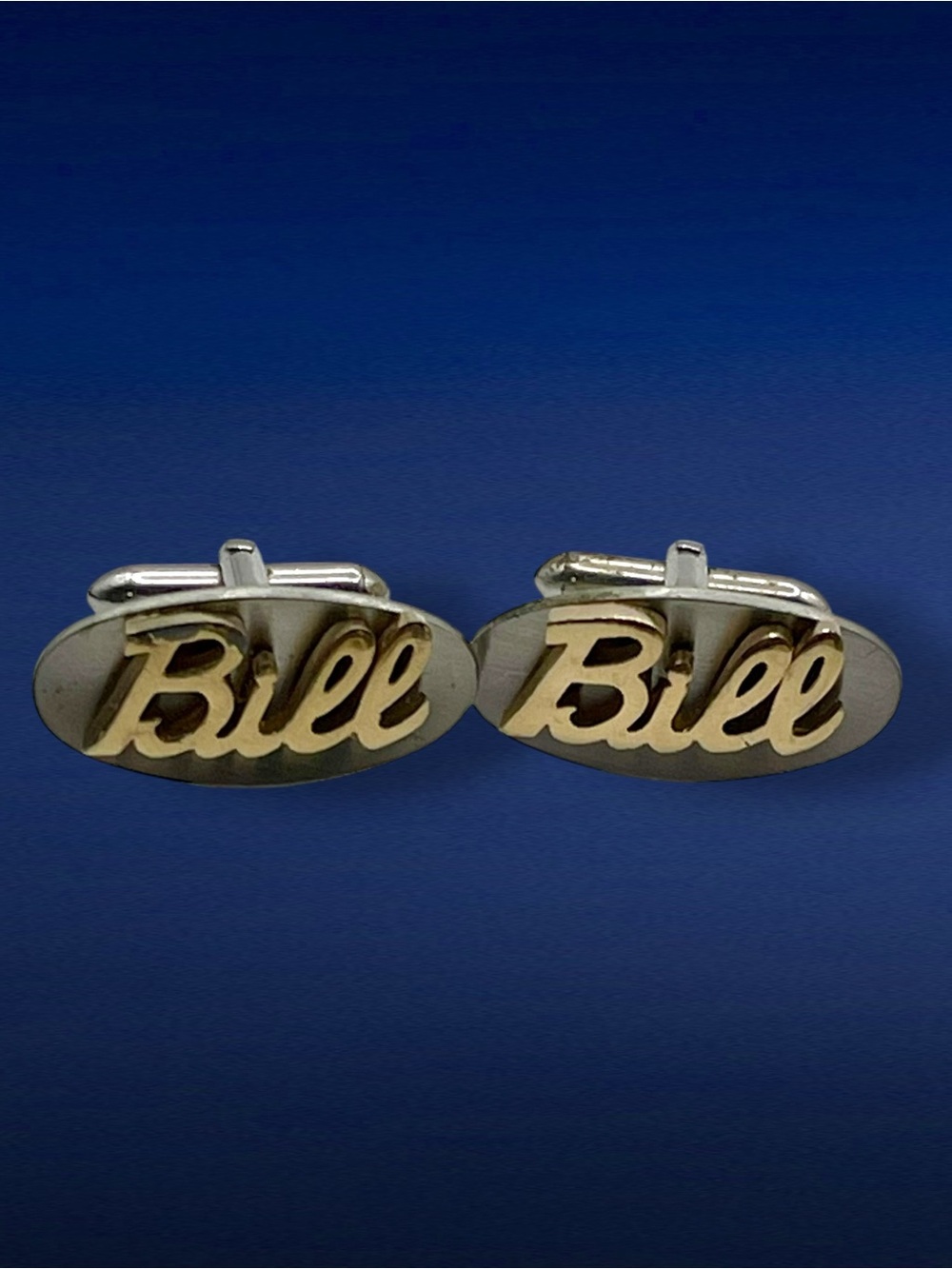 Vintage Pair of Two Tone Swank Cufflinks With Name of Bill Mid Century Estate